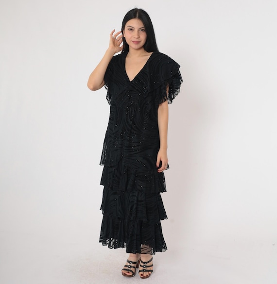 90s Sparkly Black Dress Metallic Tiered Party Dress Flutter Sleeve Glam V Neck Glitter Tiger Stripe Cocktail Ruffle Vintage 1990s Large L