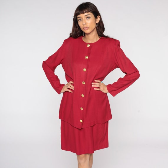 Red Button Up Dress 80s Knee Length Dress Gold Button Office Secretary Dress Long Sleeve 1980s Vintage Preppy Shift Medium 10