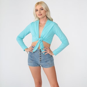 70s Hooded Top Aqua Blue Crop Top 1970s Hoodie Shirt Deep V Neck Long Sleeve Shirt Cropped Blouse Hippie Retro Plunge Disco Vintage Small S