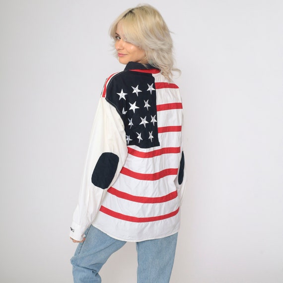 00s USA Yacht Club Shirt Florida American Flag Long Sleeve Embroidered Button-Up Collared Sailboat Nautical Patriotic White Red Blue Large