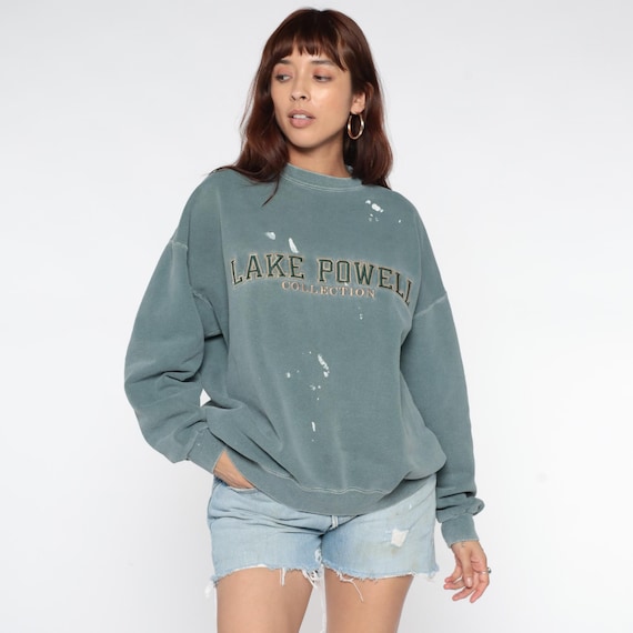 Lake Powell Sweatshirt 90s Sage Green Crewneck Distressed Faded Bleached Cotton Vintage Long Sleeve Grunge Workwear Minimal Relaxed Large L