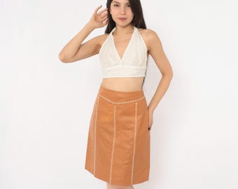 Y2K Western Tan Leather Skirt A Line GAP Cream Whipstitch Contrast Stitching High Waist Camel Brown Cowgirl Prairie 2000s Vintage Small S