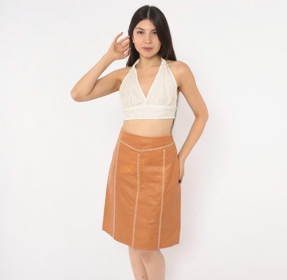 Y2K Western Tan Leather Skirt A Line GAP Cream Whipstitch Contrast Stitching High Waist Camel Brown Cowgirl Prairie 2000s Vintage Small S