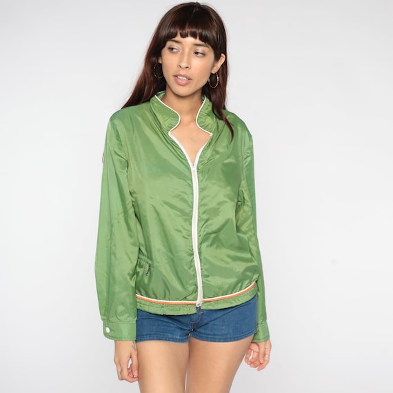 Green Windbreaker Jacket -- 70s Jacket Nylon Zip Up Plain Retro Jacket Vintage1970s Lightweight Thin Shell Jacket Small