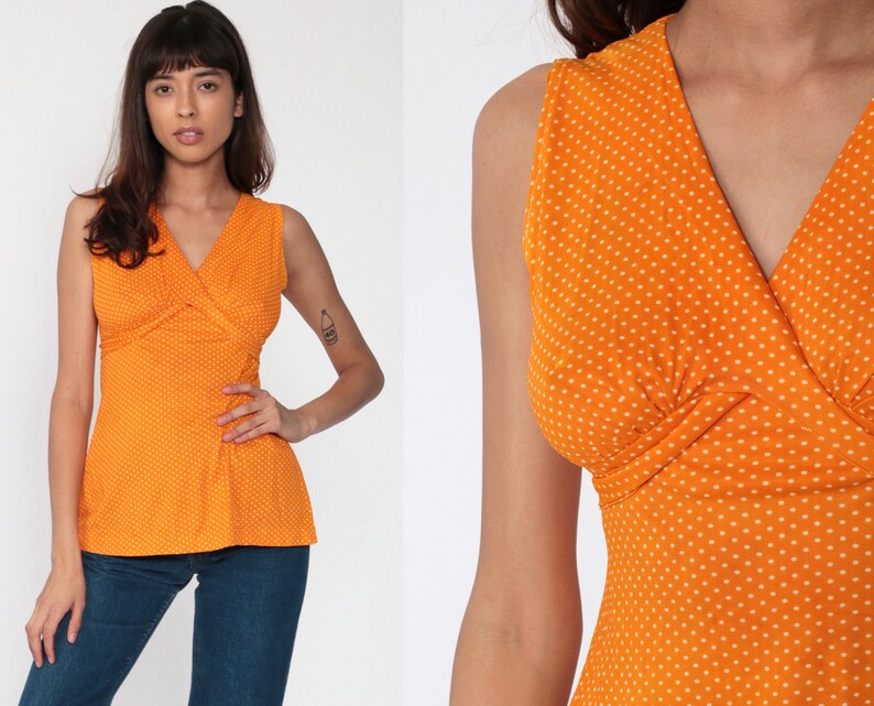 70s Babydoll Top Orange Polka DOt Shirt Boho Top 70s Blouse Tank Top Vintage 1970s Hippie Bohemian Sleeveless Shirt V Neck Extra Small xs
