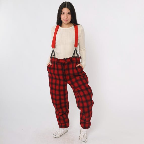 Vintage Woolrich Plaid Hunting Pants 80s Red Black Buffalo Check Mackinaw Wool Trousers Suspenders 1980s Outdoor Workwear Men's 36 Medium