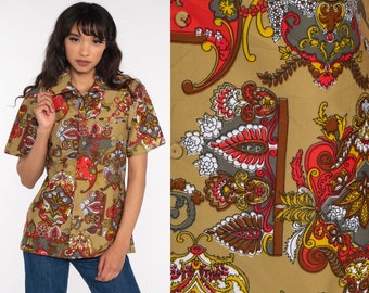 Hippie Shirt Psychedelic Shirt Boho Top 70s Acid Print Button Up Shirt 1970s Top Short Sleeve Bohemian Vintage Small Medium