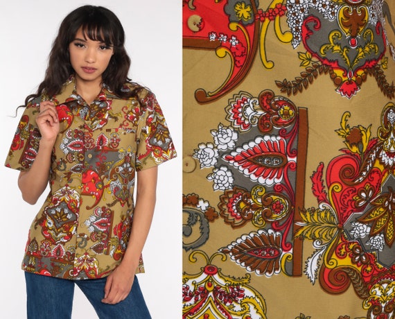 Hippie Shirt Psychedelic Shirt Boho Top 70s Acid Print Button Up Shirt 1970s Top Short Sleeve Bohemian Vintage Small Medium