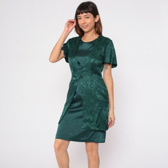 Attached Vest Dress 90s Green Party Dress Flower Embossed Mini Pencil Button Up 2fer Boho Layered Outfit Short Sleeve Vintage 1990s Medium M