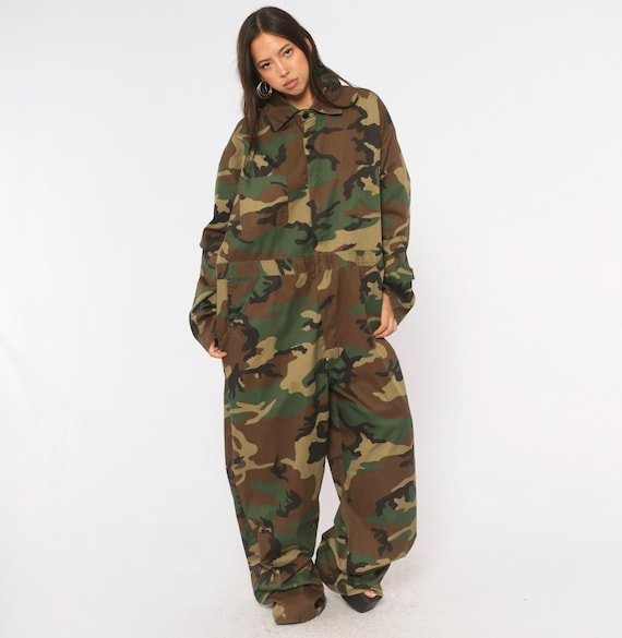 90s Camo Coveralls Rothco Woodland Camouflage Jumpsuit Military Olive Green Boilersuit Long Sleeve Utility Work One Piece Extra Large XL