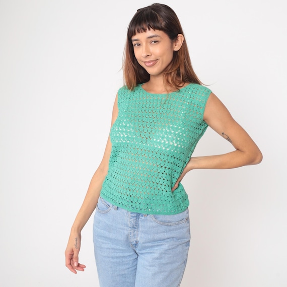 70s Crochet Top Green Sleeveless Mesh Tank Vintage Knit Blouse Mint Seafoam Summer Boho Festival Hippie Net Handmade Macrame Lace Small S