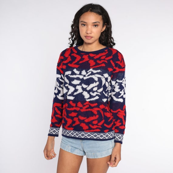 80s Abstract Sweater 1980s Red White Blue Blotch Print Knit Jumper 1990s Statement Grunge Pullover Crewneck Medium