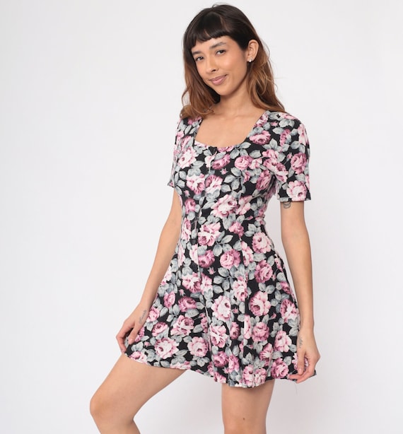 Vintage Floral Romper 90s Pink Rose Print Grunge Playsuit Wide Leg Mini 1990s Short Sleeve Button Up Jumpsuit Princess Seam Rampage Small S