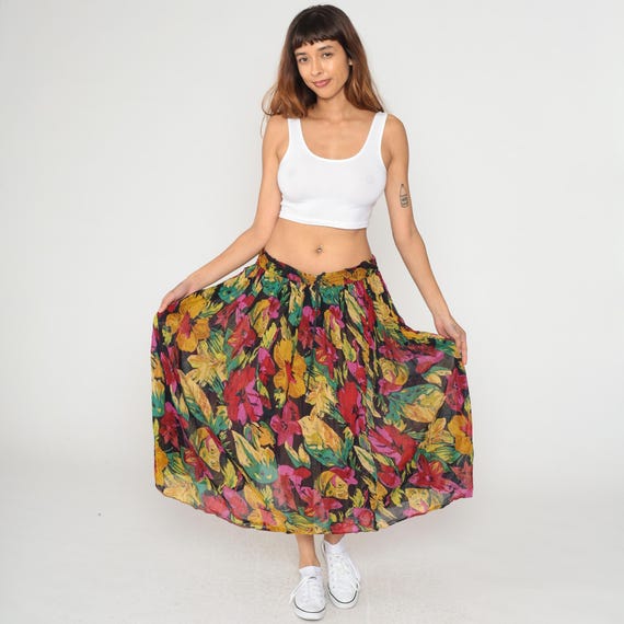90s Tropical Floral Midi Skirt Bright Cotton Gauze Elastic Waist Festival Boho Summer Botanical Print Vintage Hippie Beach Vacation Large L