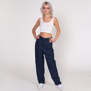 Dark Wash Jeans Y2K Denim Pants High Waisted Rise Trousers Cuffed Straight Leg Slacks Retro Basic Plain Navy Blue Vintage 00s Medium M 28