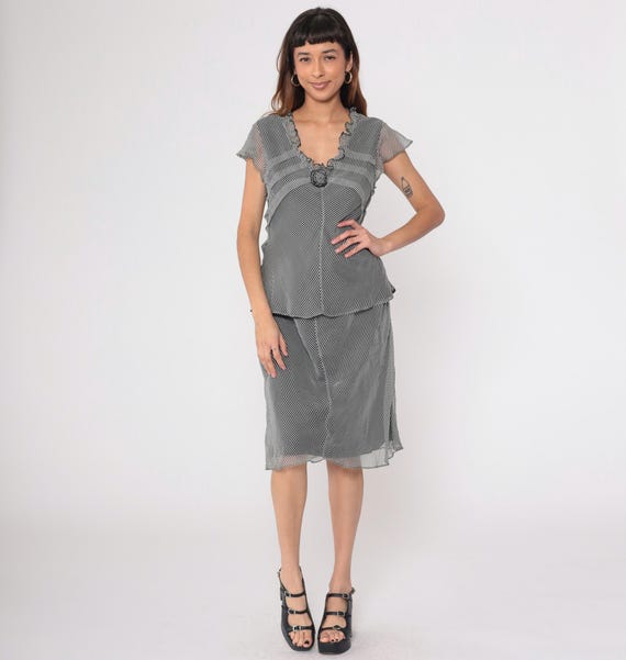 Striped Two Piece Dress Outfit 90s Black White Silk Top & Skirt Set Flutter Sleeve Blouse 1990s High Waist Ruffled Rosette Vintage Large 12