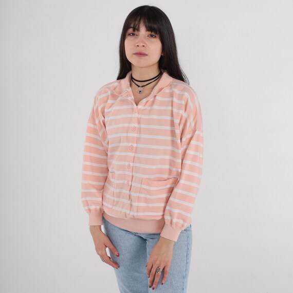 90s Peach Striped Sweatshirt Polo Sweatshirt Collared Long Sleeve White Sweater Retro Streetwear Vintage 1990s Pocket Oversized Large