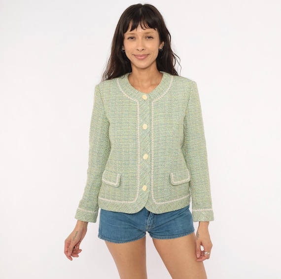 Sage Tweed Blazer 2000s Collarless Jacket Button Front V Neck Boucle Weave Scroll Braid Trim Mint Green Blue Woven Fitted Coat Small S