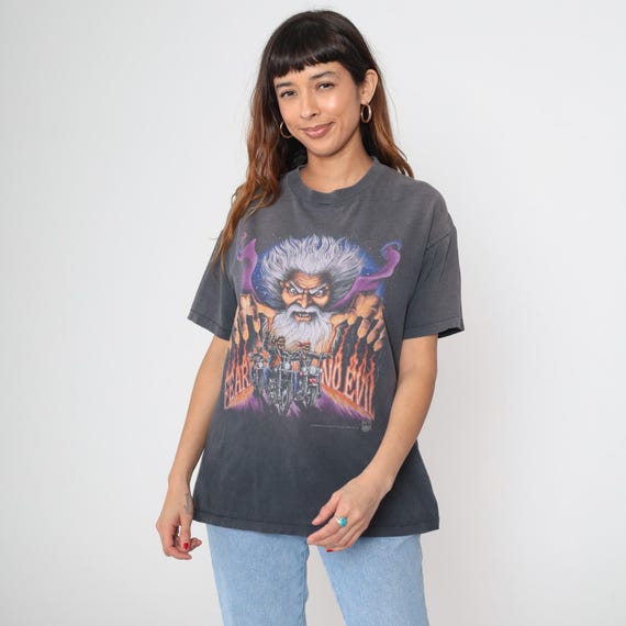 90s Biker Tee Tucson AZ Arizona Fear No Evil Wizard Double SidedFaded Black Cotton Vintage Alternative Metal Gothic Oversized Unisex Large L