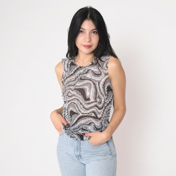 Psychedelic Tank Top Y2k Popcorn Shirt Abstract Op Art Swirl Print Stretchy Texture Blouse Sleeveless Summer Vintage 00s Small Medium Large