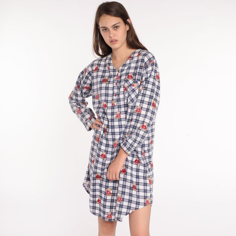 Nightgown Pajama Dress Flannel Teddy Bear Nightie 80s Checkered Retro Tshirt 1980s Kawaii Midi Medium image 2
