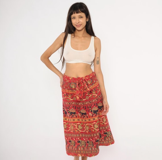 90s Indian Wrap Skirt Block Print Red Elephant Floral Cotton Ethnic Festival Prairie Tan Botanical Folk Art Vintage Small To Extra Large XL
