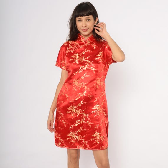 Red Cheongsam Dress Gold Cherry Blossom Floral Qipao Mandarin Collar Brocade Traditional Crimson Scarlet Plus Size Extra Extra Large XXL