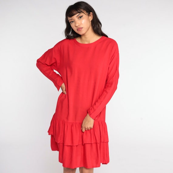 Red Tiered Dress Drop Waist Midi Dress 80s Plain Flounce Dress Vintage Long sleeve 1980s Shift Dress Casual Basic Medium