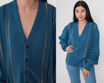 70s Striped Cardigan Blue Button Up Sweater Retro Knit V Neck Grandpa Sweater Seventies Slouchy Tan Acrylic Vintage 1970s Extra Large xl