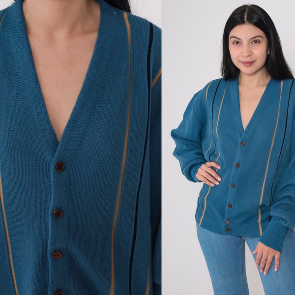 70s Striped Cardigan Blue Button Up Sweater Retro Knit V Neck Grandpa Sweater Seventies Slouchy Tan Acrylic Vintage 1970s Extra Large xl