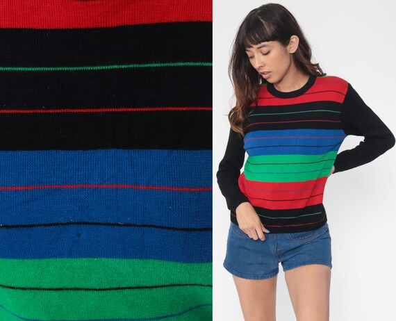 ShopExile 70s Boho Sweater Meister Wool Sweater Black Striped Sweater Retro Boho Knit Bohemian 1970s Vintage Hippie Ski Pullover Extra Small Xs