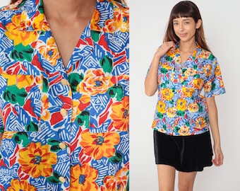 Geometric Floral Blouse 90s Button up Shirt Abstract Tropical Flower Print Top Short Sleeve Summer Bright Retro Vintage 1990s Small 6 P