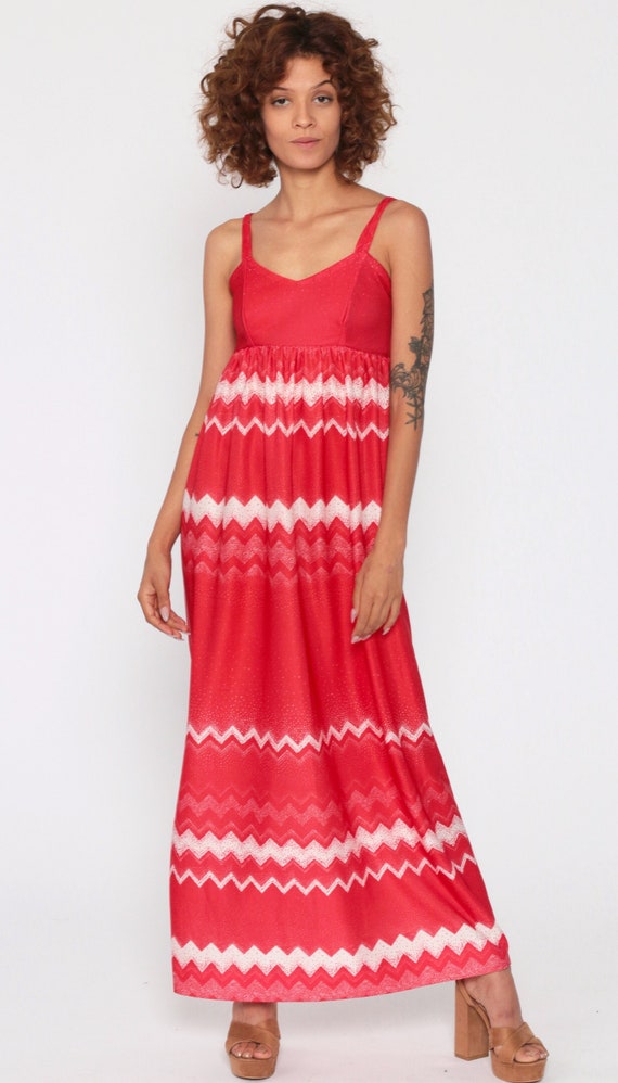 70s Maxi Dress Red Zig Zag Stripe Sundress Boho Tank Summer Spaghetti 1970s Disco Empire Waist Hippie Bohemian Sun Vintage Extra Small xs