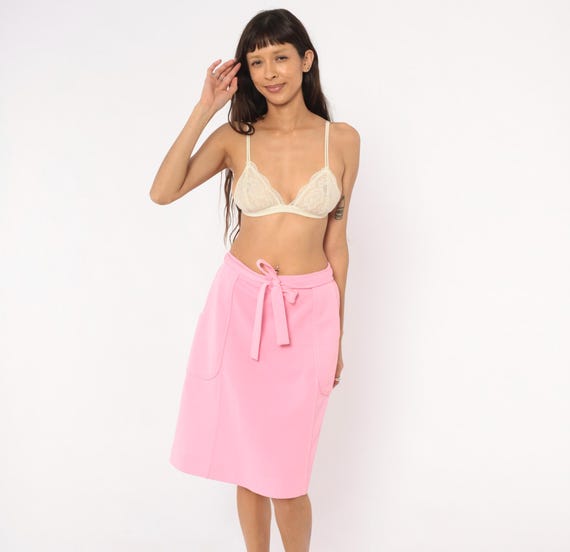 Bubblegum Pink Wrap Skirt 70s Tie Waist Side Pocket Patch Pocket Rose Cotton Candy Coral Barbiecore Coquette Vintage Womens Medium Large M L