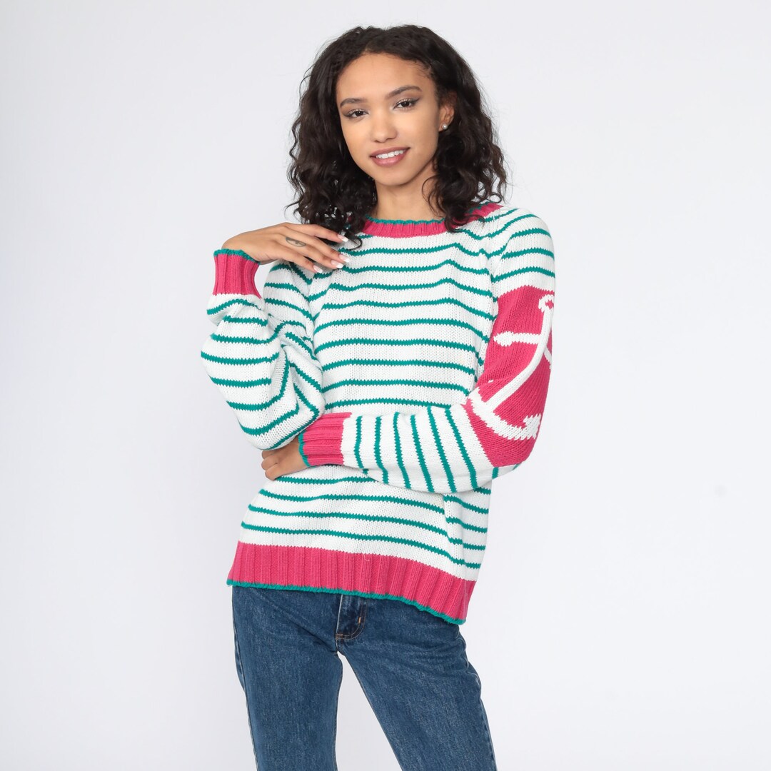 Nautical Anchor Sweater Striped 90s Knit White Green Yacht Sweater Nautical Anchor Sweater Striped 90s Knit White Green Yacht Sweater