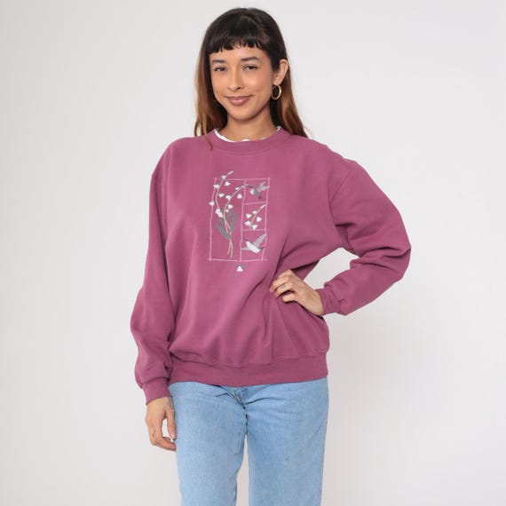 Floral Hummingbird Sweatshirt y2k Morning Sun Sweatshirt Purple Flower Print Grandma Sweater Retro Kawaii Vintage 00s Large L