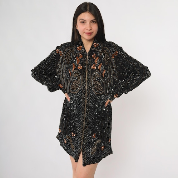 Silk Beaded Top 80s Black Orange Gold Silver Sequin Embellished Long Sleeve Collared Blouse Party Going Out Evening Disco Large L