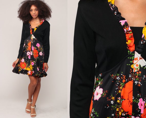 Floral Mini Dress 70s Babydoll Dress Hippie Bohemian 1970s Boho Empire Waist RUFFLE Festival Vintage Minidress Long Sleeve Black Large
