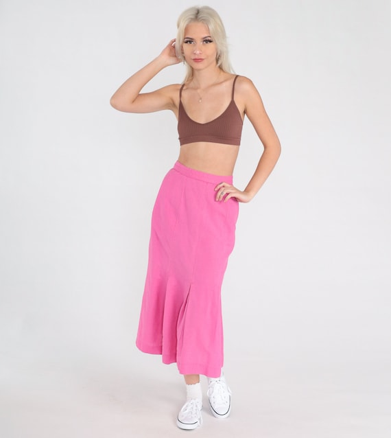 Bright Pink Pleated Skirt 90s Midi High Waist Skirt Preppy Secretary Skirt Formal Lolita Vintage 1990s Plain Cotton Linen Extra Small XS