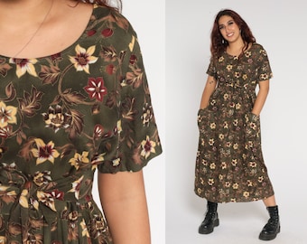 Olive Green Floral Dress 90s Midi Dress Retro Boho Summer Bohemian High Waist Short Sleeve Rayon Dress Pocket Vintage 1990s Large L 12