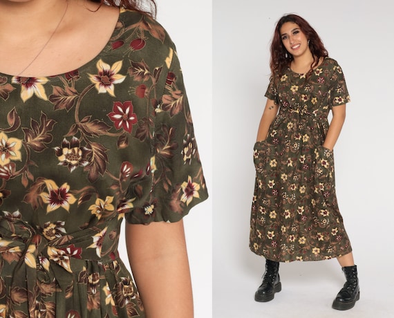 Olive Green Floral Dress 90s Midi Dress Retro Boho Summer Bohemian High Waist Short Sleeve Rayon Dress Pocket Vintage 1990s Large L 12