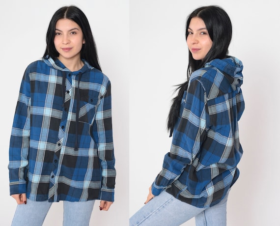 Hooded Flannel Shirt Y2K Plaid Button up Shirt Blue Black Checkered Long Sleeve Hoodie Grunge Top Retro Chest Pocket Vintage 00s Medium M