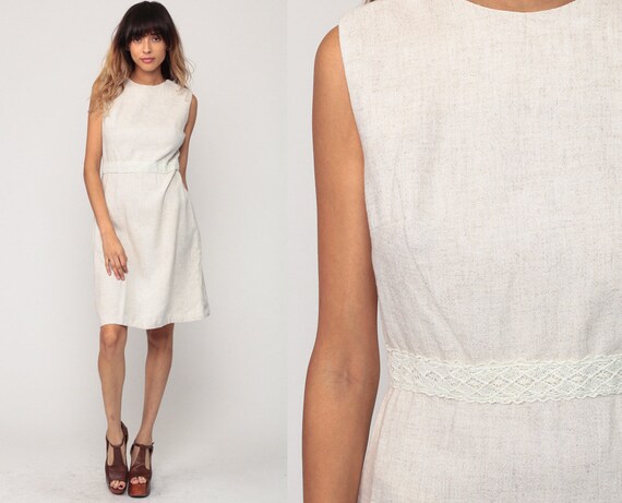Mod Mini Dress 60s Linen Sheath Shift 1960s Twiggy Cocktail Beige Vintage Formal Party Space Age Sleeveless Minidress Medium