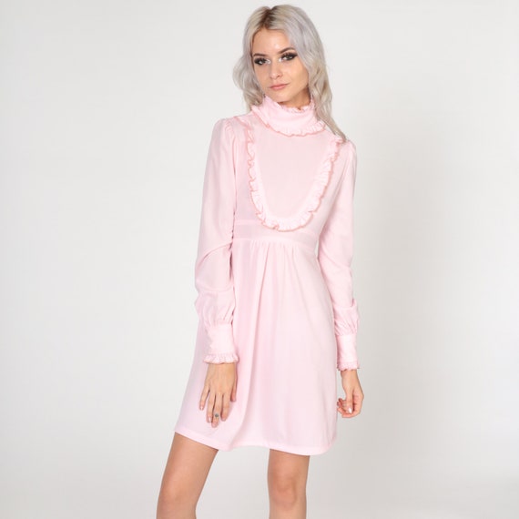 70s Babydoll Dress Baby Pink Mini Dress Mod Ruffle Bib Empire Waist High Neck Dolly Long Puff Sleeve Victorian Vintage 1970s Extra Small xs