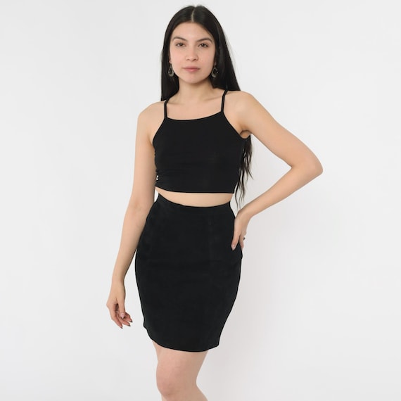 Vintage Black Suede Mini Skirt 80s Leather Bodycon Skirt High Waisted Retro Party Miniskirt Festival Clubwear 1980s Extra Small xs 0
