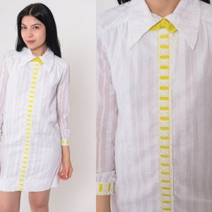 White Bowtie Dress 60s Mod Mini Dress Yellow Ribbon Trim Bow Tie Pointed Collar Long Sleeve Minidress Striped Collared Vintage 1960s Small S image 1