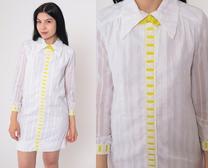 White Bowtie Dress 60s Mod Mini Dress Yellow Ribbon Trim Bow Tie Pointed Collar Long Sleeve Minidress Striped Collared Vintage 1960s Small S image 1