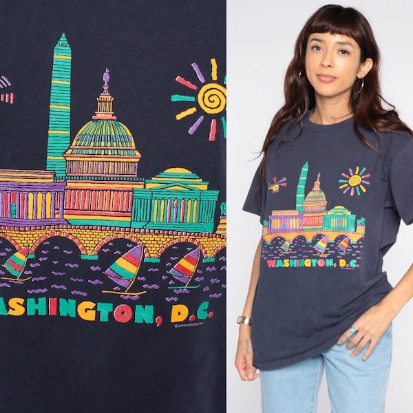 Washington DC Shirt -- Retro TShirt Faded Navy Blue 80s Capitol Building Vintage T Shirt Graphic Travel Tee Retro Single Stitch Large L