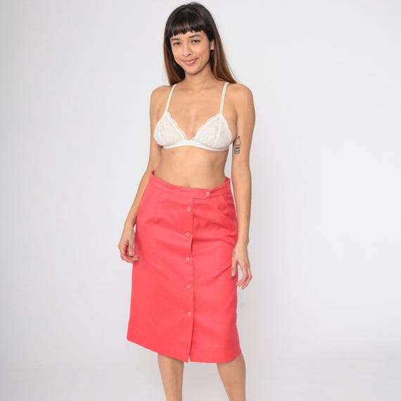 70s Button Up Skirt Bright Coral Pink Midi Skirt High Waisted Elastic Waist Straight Pocket Skirt Retro 1970s Vintage Polyester Medium