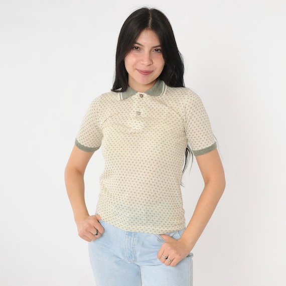 Vintage Cream Knit Polo Shirt 80s Polka Dot Top Retro Semi-Sheer Short Sleeve Collared Preppy Normcore Grey Collar 1980s Extra Small xs